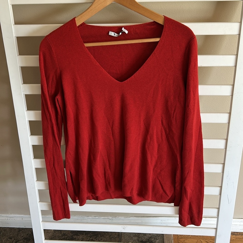 T by Alexander Wang Red V Neck Long Sleeve Sweater Top Petite